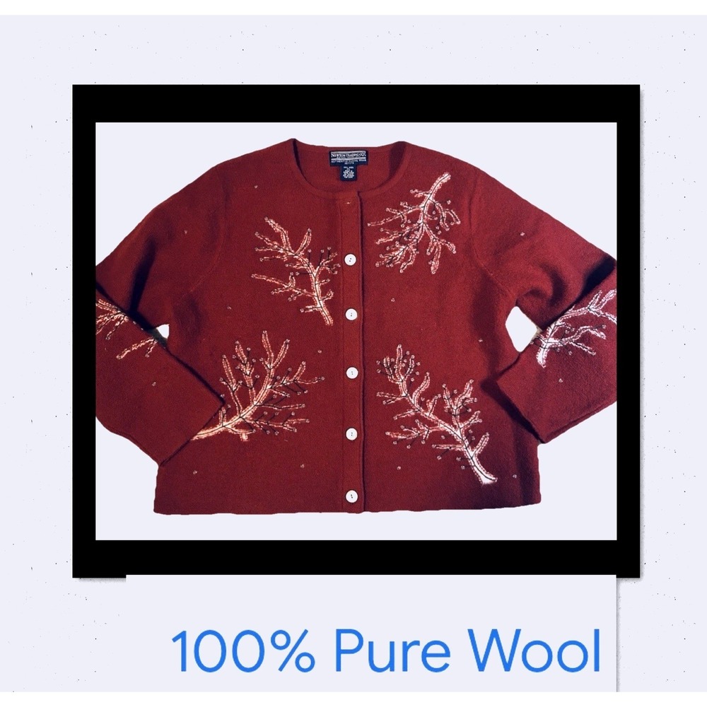 NEWTON TRADING CO. Cardigan 100% Wool Women's Size Large (Petite) Ruby Red Boho